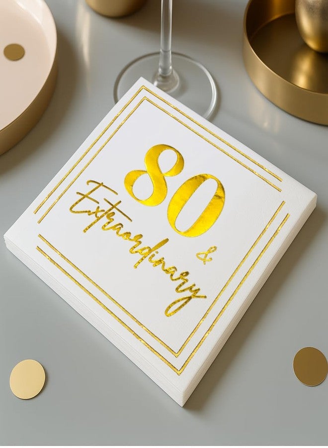 Cloverjoyed 80th Birthday Cocktail Napkins, Gold 80 Years Old Bday Party Decorations, "80 & Extraordinary" Disposable Paper Napkin Decor for Women & Men, Milestone Celebration Fabulous Gift Ideas, 50 Pack - Image 2